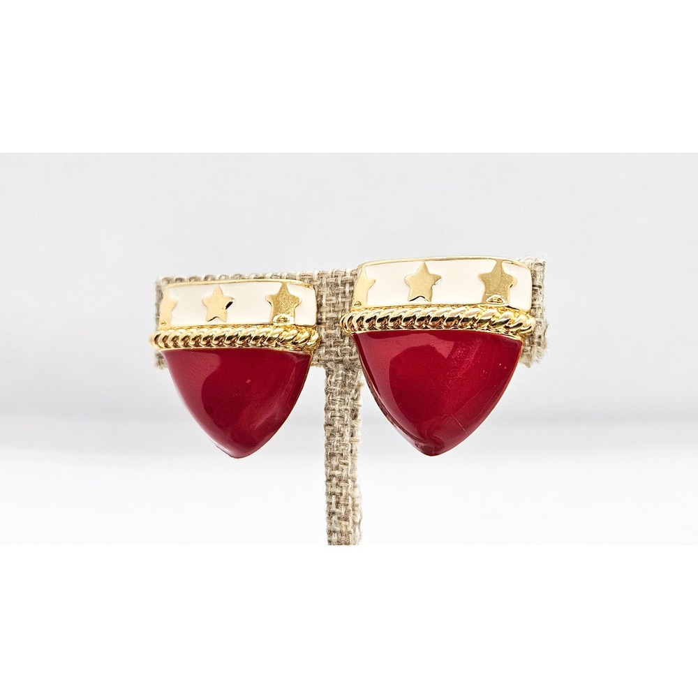 Vintage Monet Red Enamel Clip On Earrings Shield and Stars Wonder Woman Goldtone